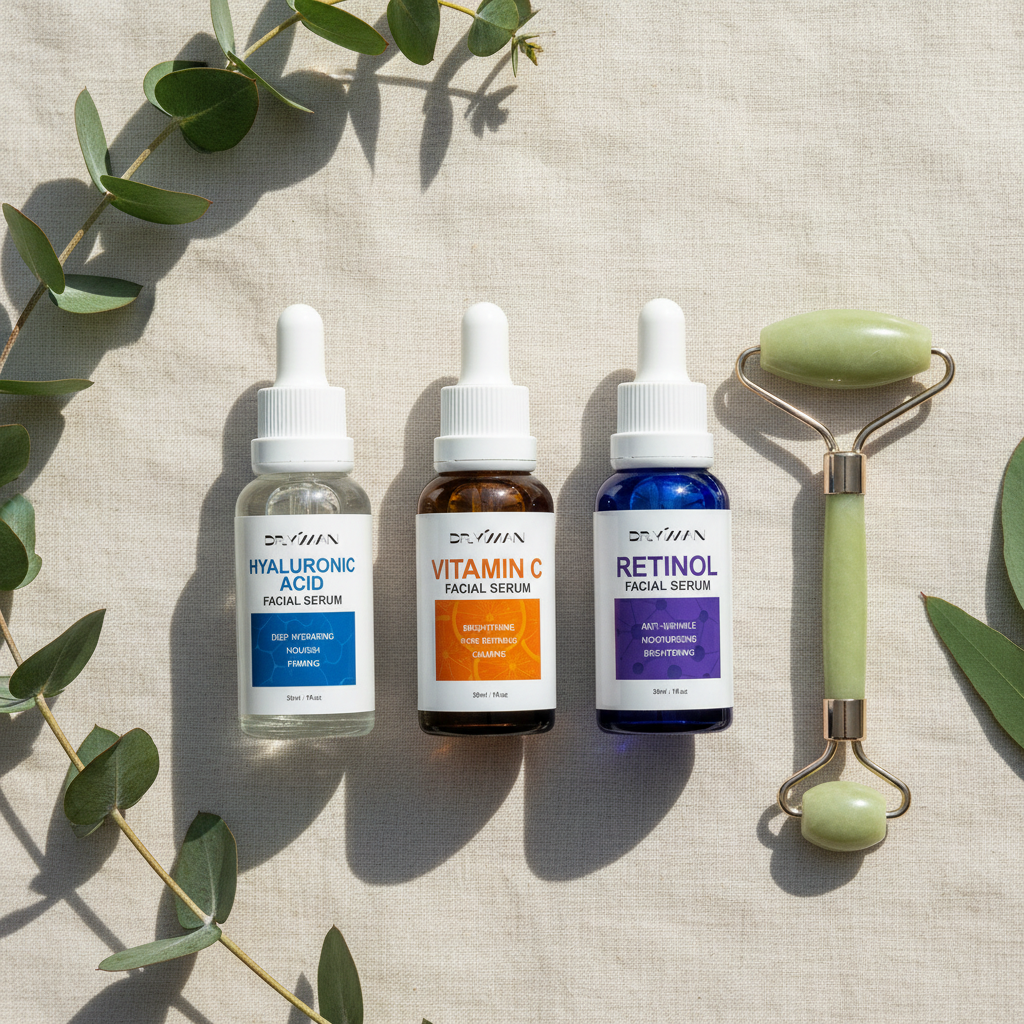 Serums flat lay with eucalyptus and linen