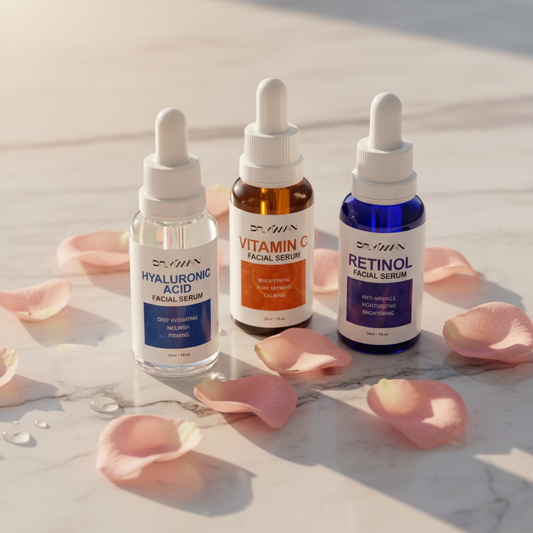 Serums on marble with rose petals