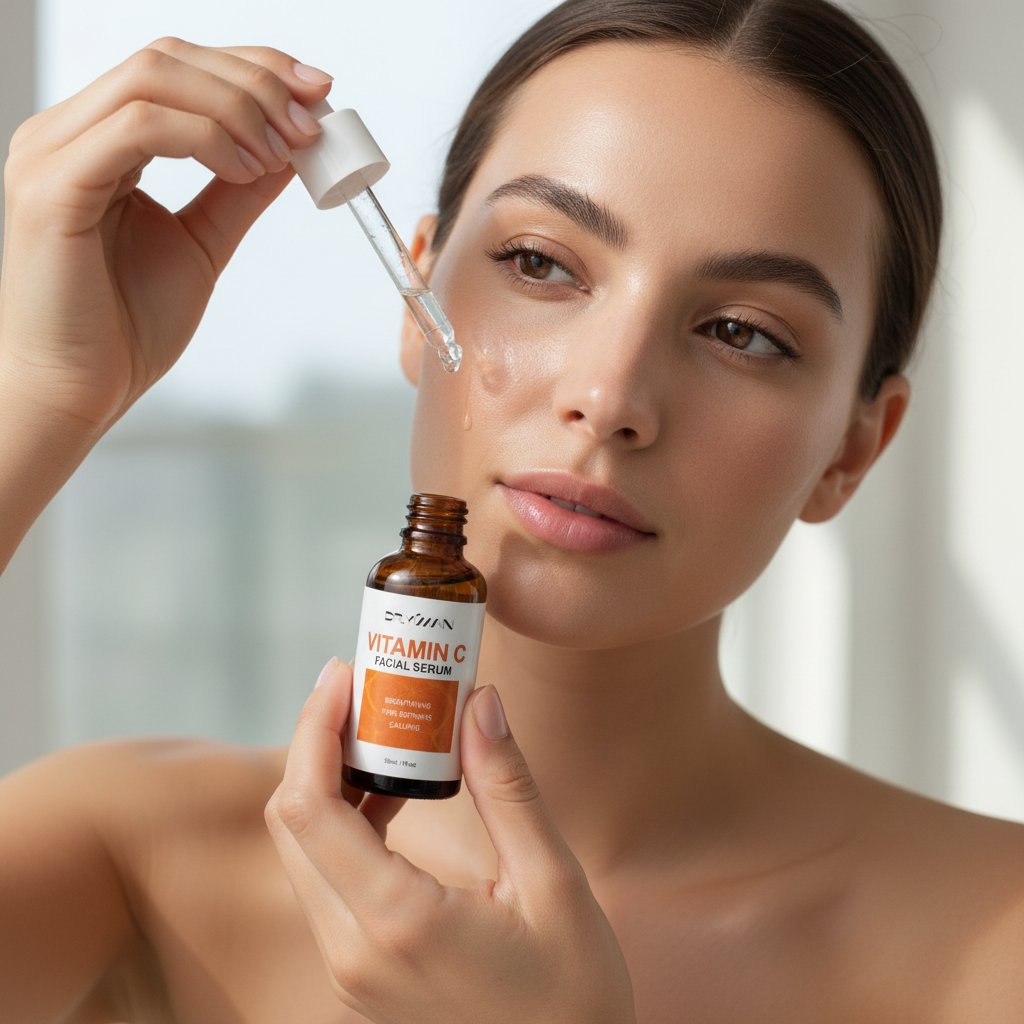 Woman applying serum to face